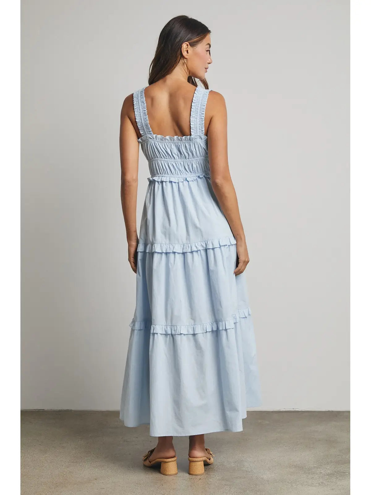 Blue Cotton Ruffle Tiered Midi Dress