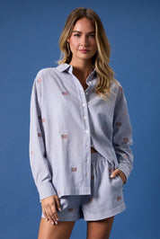 Navy & White Stripe Flag Button Down Top