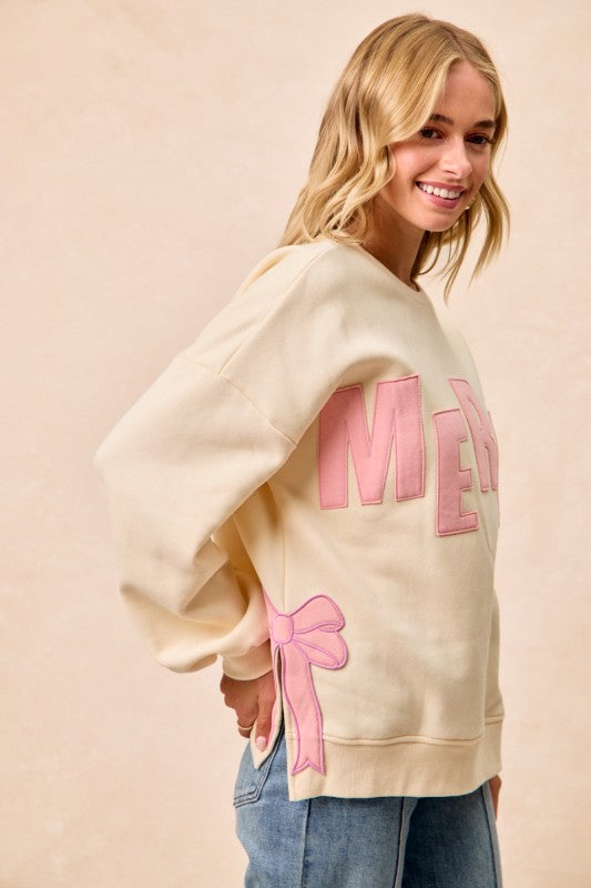 Cream/Pink Merry Christmas Sweatshirt