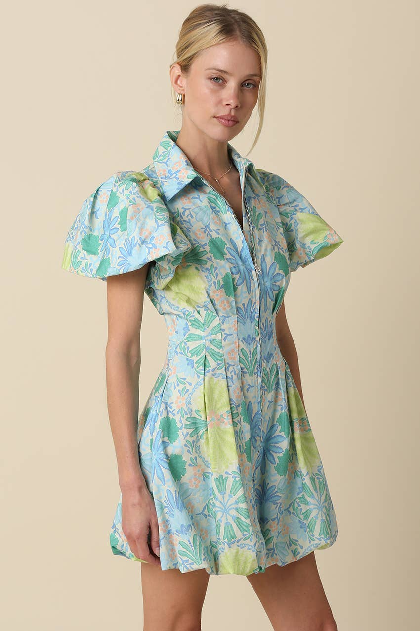 Blue Floral Puff Mini Dress