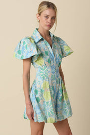 Blue Floral Puff Mini Dress