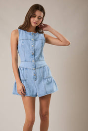 Blue Sleeveless Shirred Romper