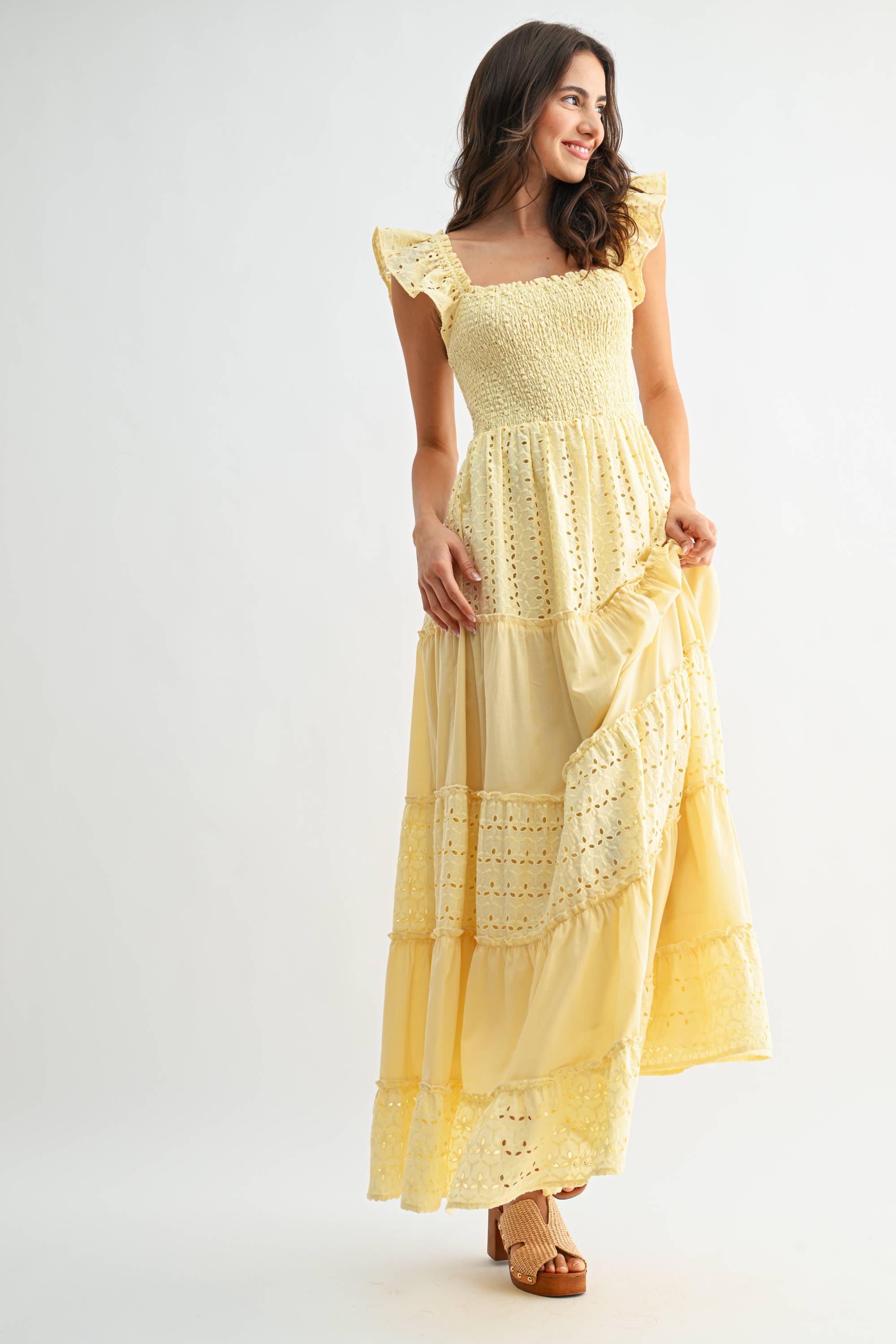 Yellow Eyelet Smocked Maxi Dress