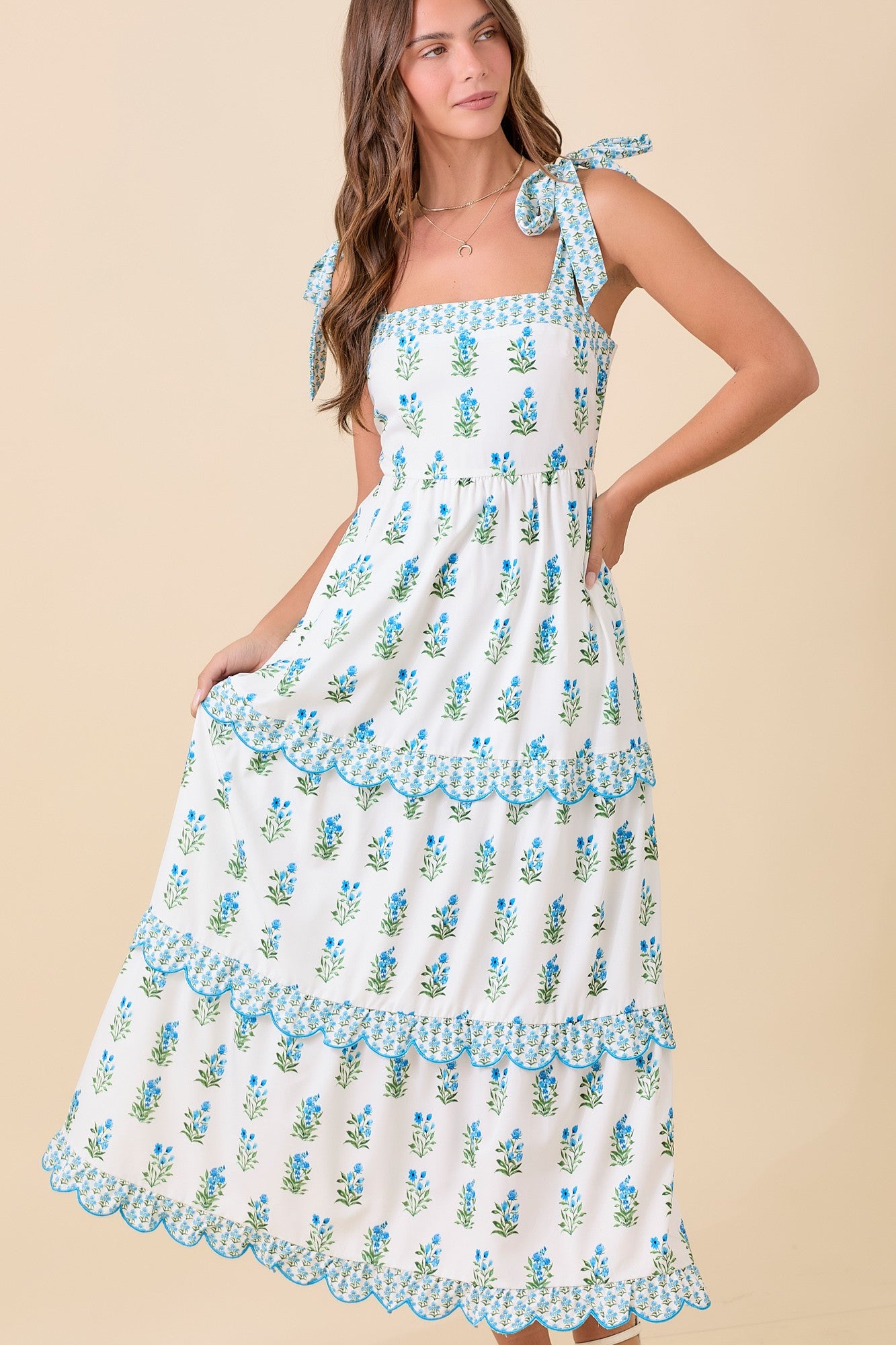 White & Blue Tie Strap Midi Dress