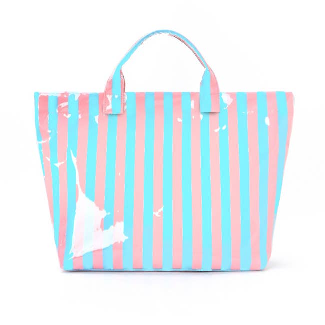 Large Striped Vinyl Tote Bags — glossy vinyl-coated finish and two short top handles