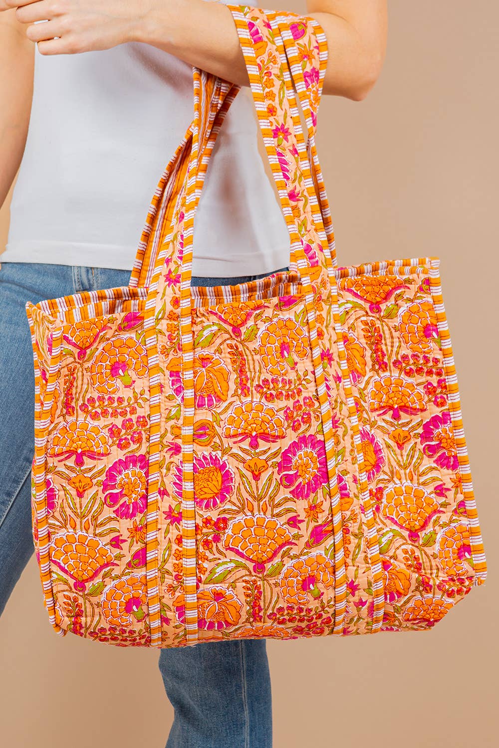 Orange Floral Quilted Tote Bag