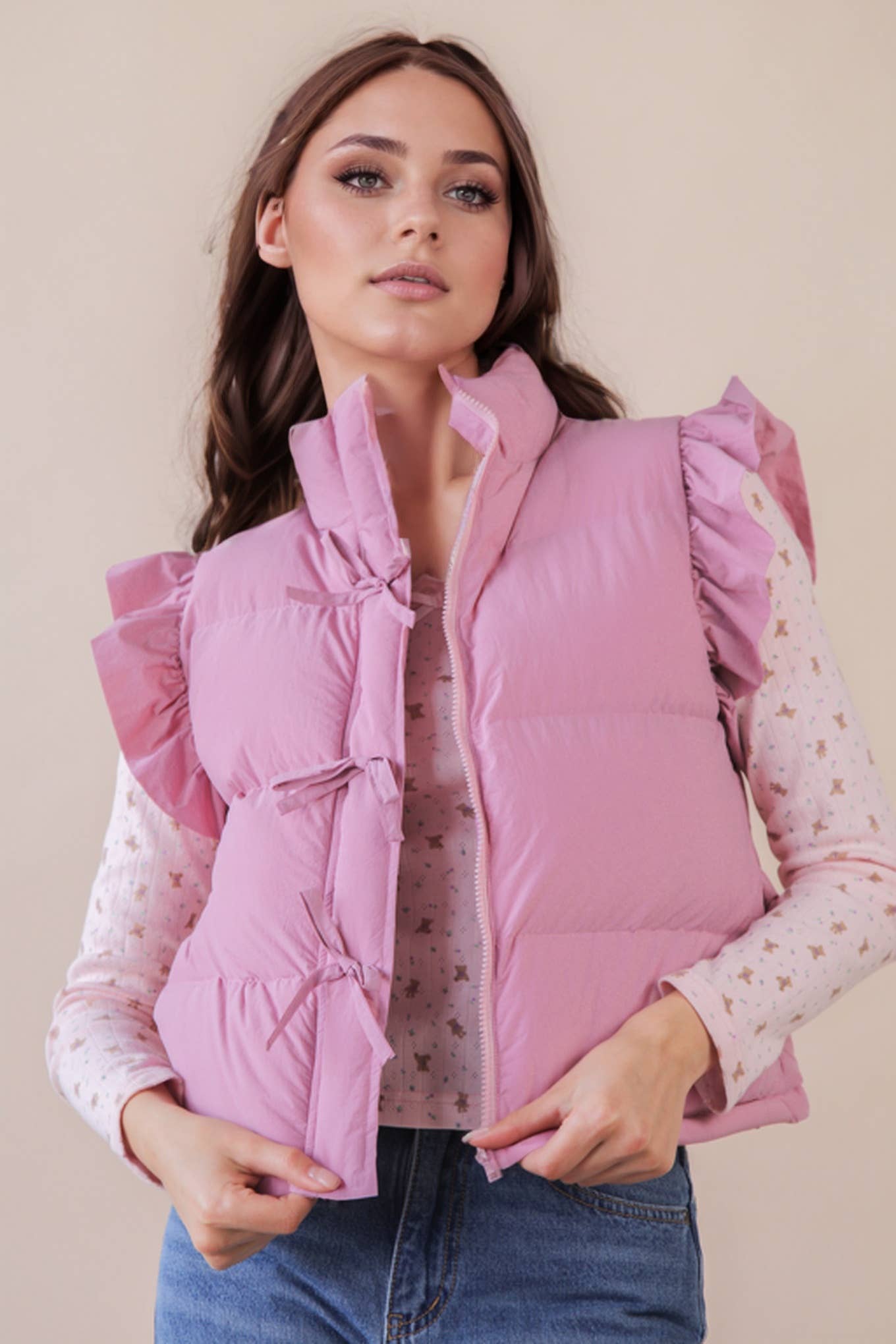 Pink Front Bow Puffer Vest