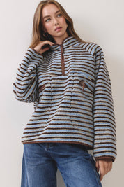 Blue Striped Sherpa Half-Zip Jacket — striped and sherpa