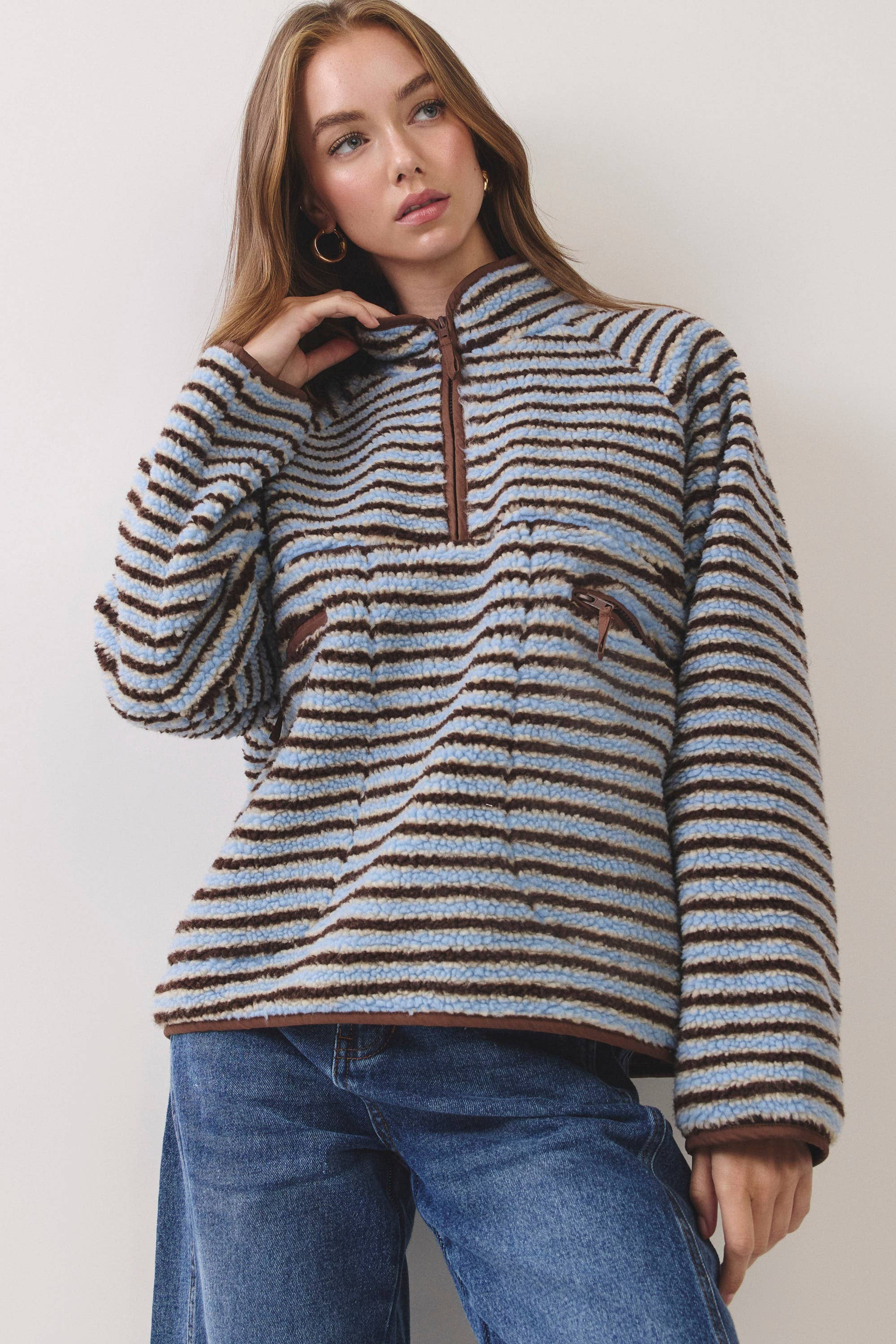 Blue Striped Sherpa Half-Zip Jacket — striped and sherpa