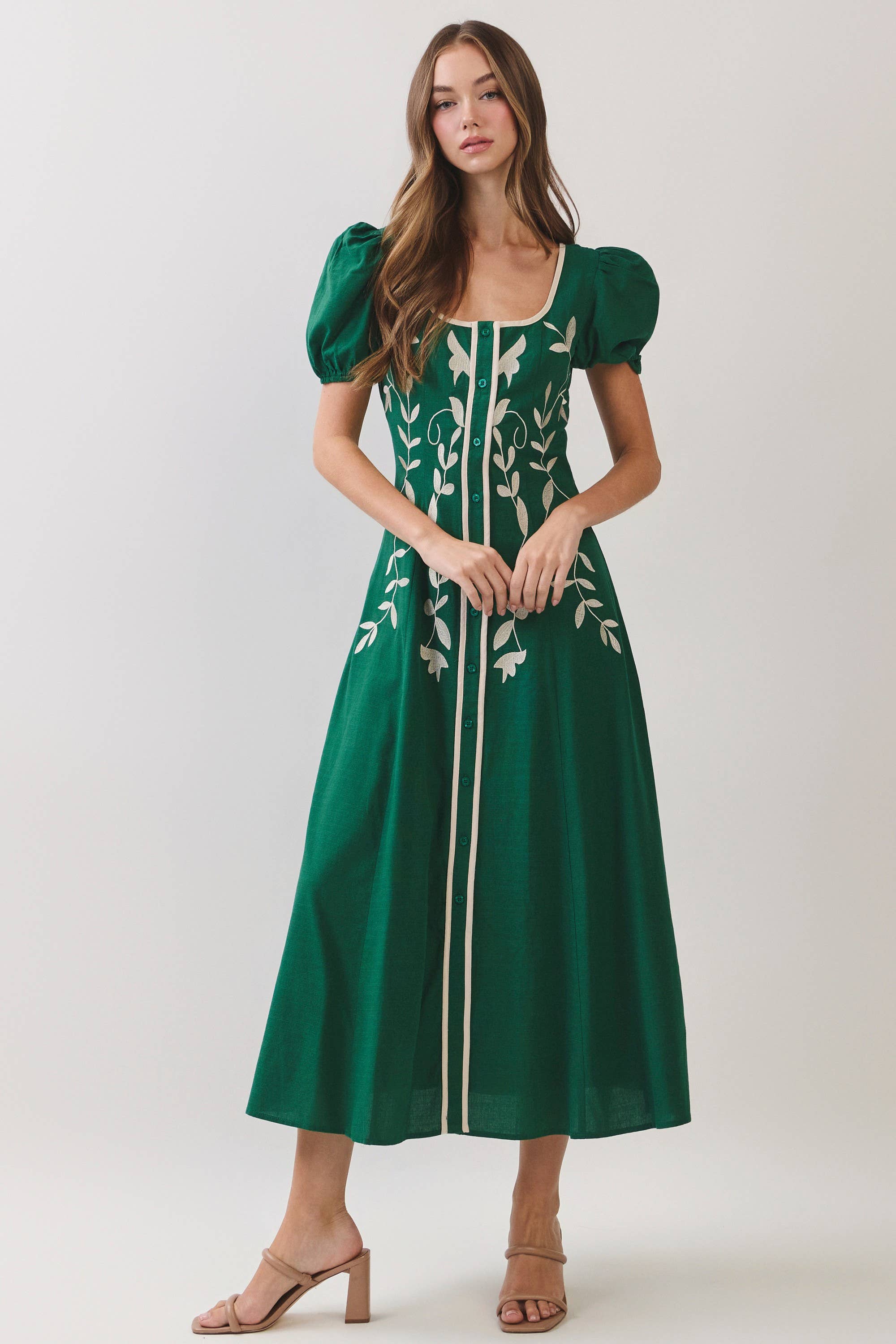 Green Embroidered Puff Sleeve Midi Dress