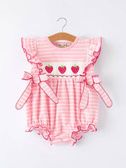 Strawberry Embroidery Pink Stripe Smocked Romper