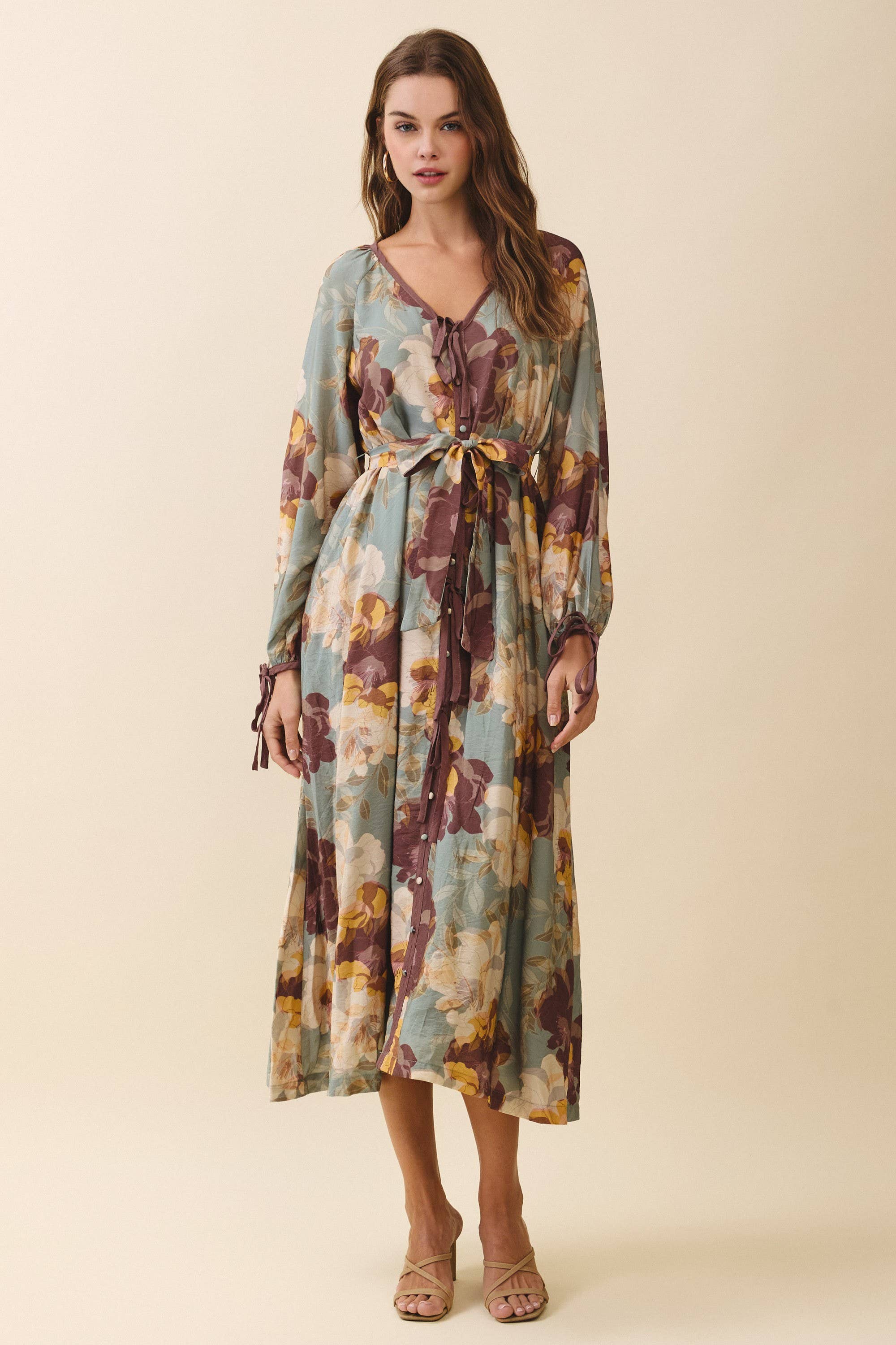Floral A Line Tie Button Down Dress