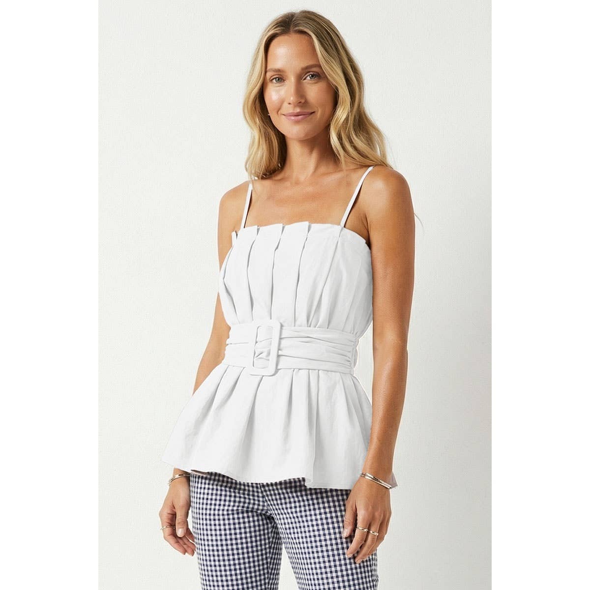White Buckle Pleated Sleeveless Top