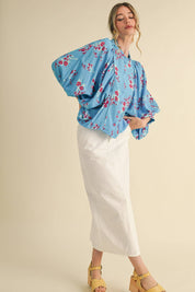 Blue Floral Dolman Sleeve Blouse