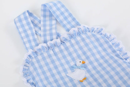 Blue Gingham Goose Lace Bow Ruffle Baby