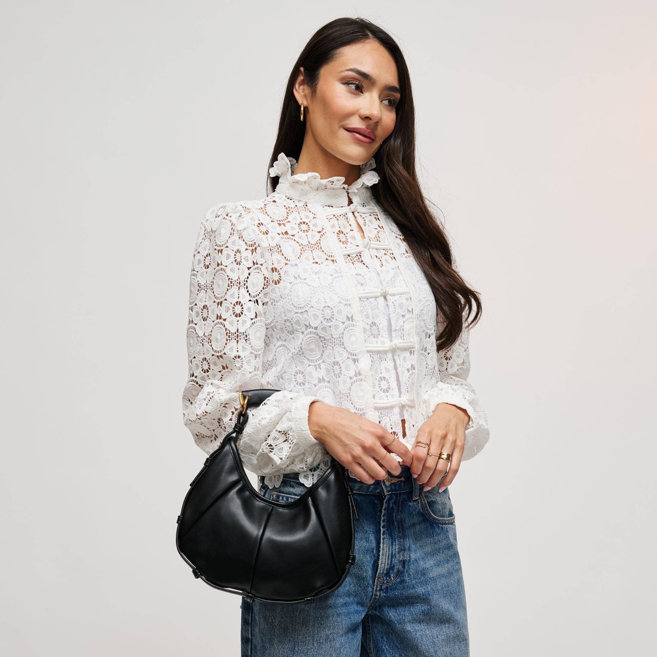 Black Pleated Crescent Hobo Bag