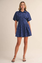 Navy Eyelet Pleated Mini Dress