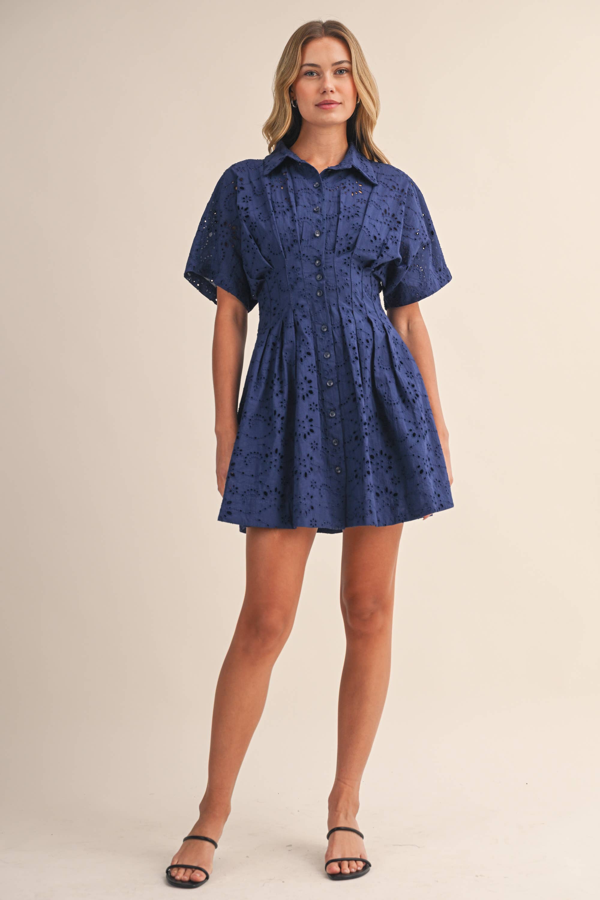 Navy Eyelet Pleated Mini Dress