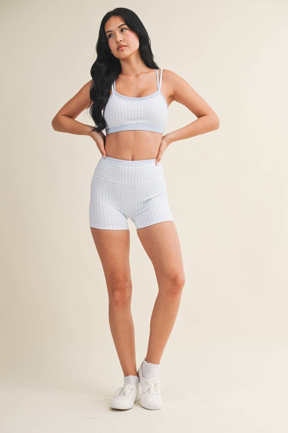 Blue Gingham Layered Sports Bra