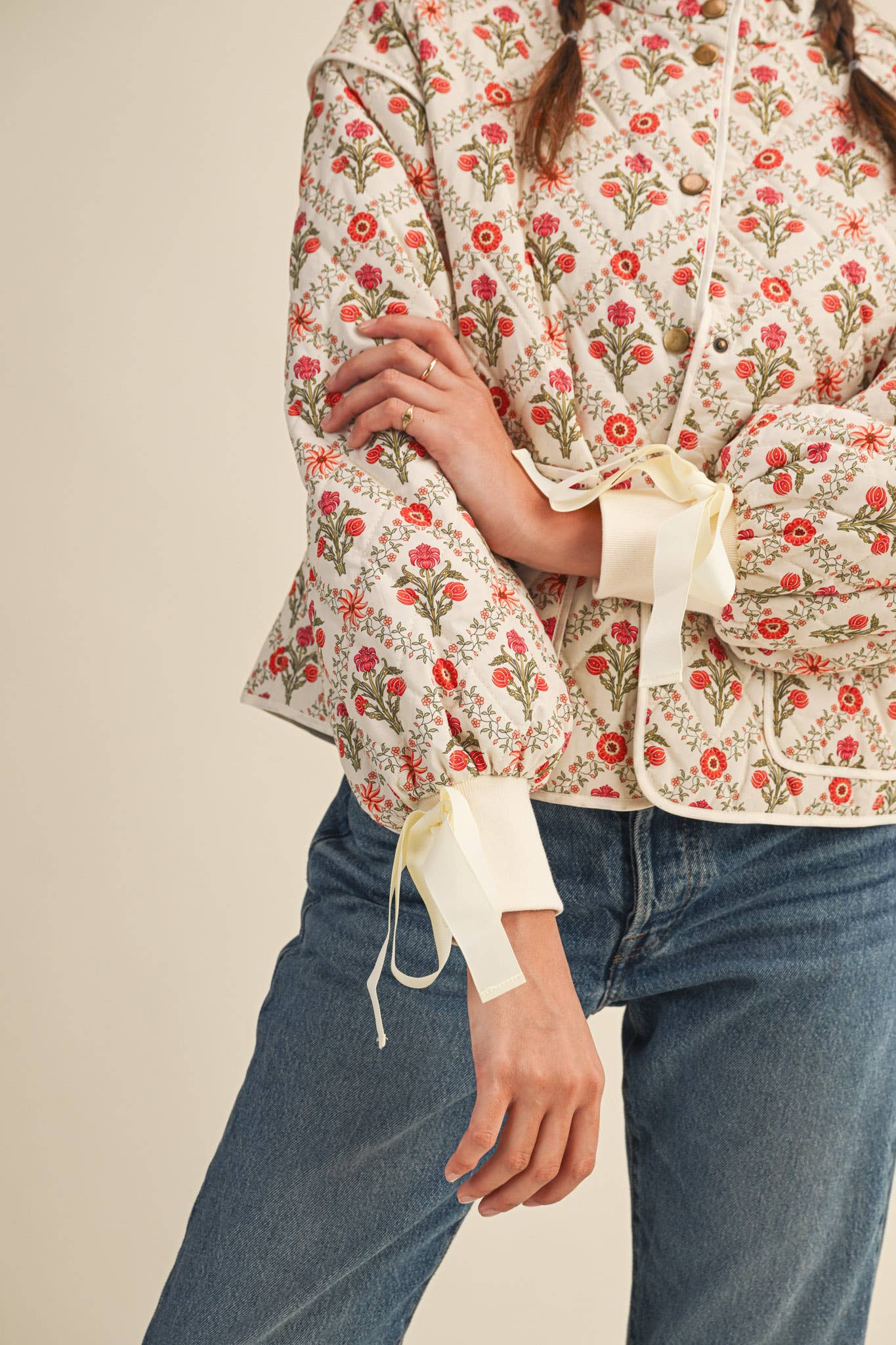 Ivory Floral Quilted Jacket With Ribbon Detail
