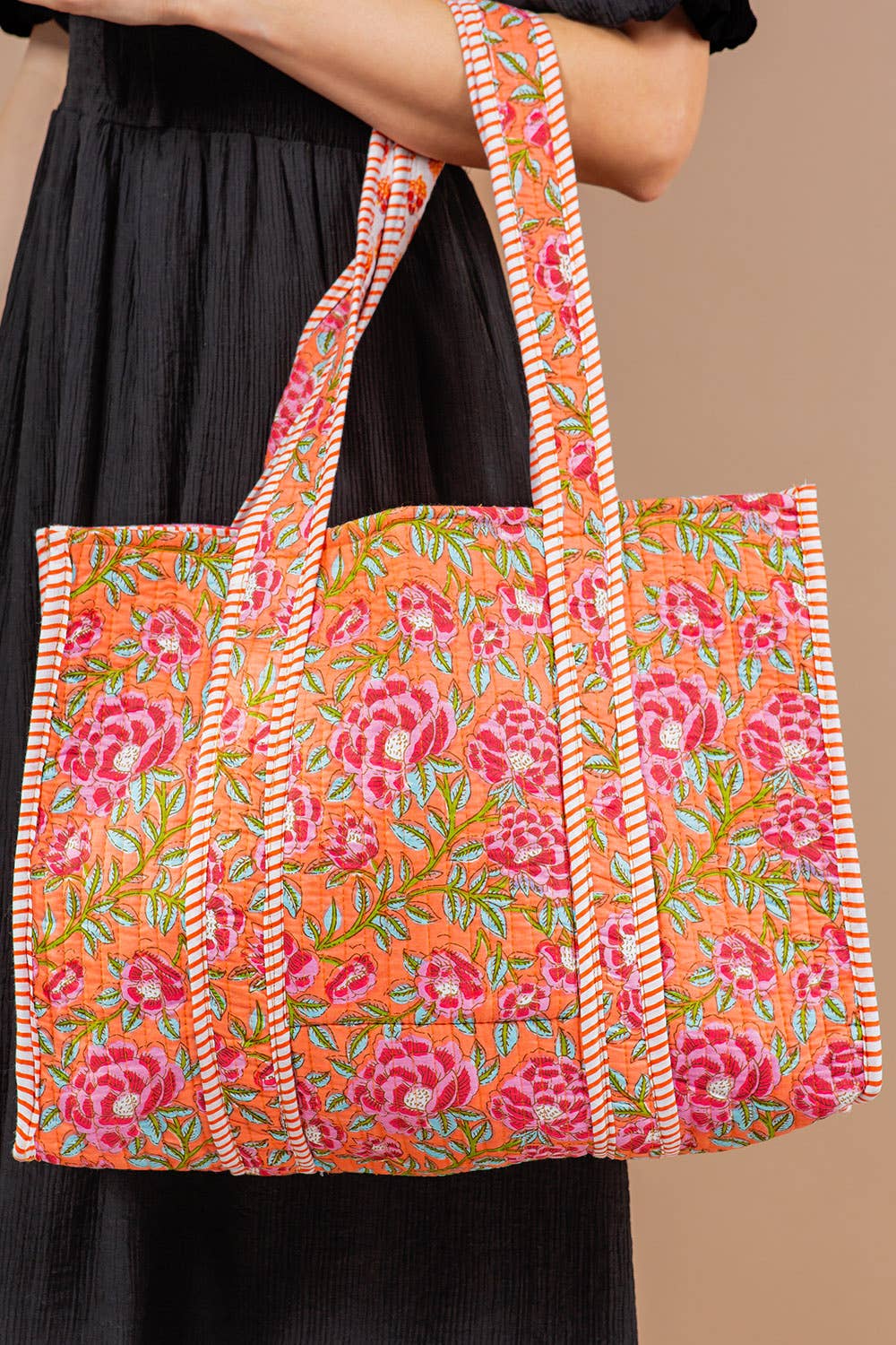 Orange Floral Quilted Tote Bag