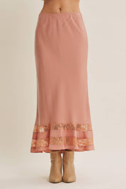 Coral Satin Lace Maxi Skirt