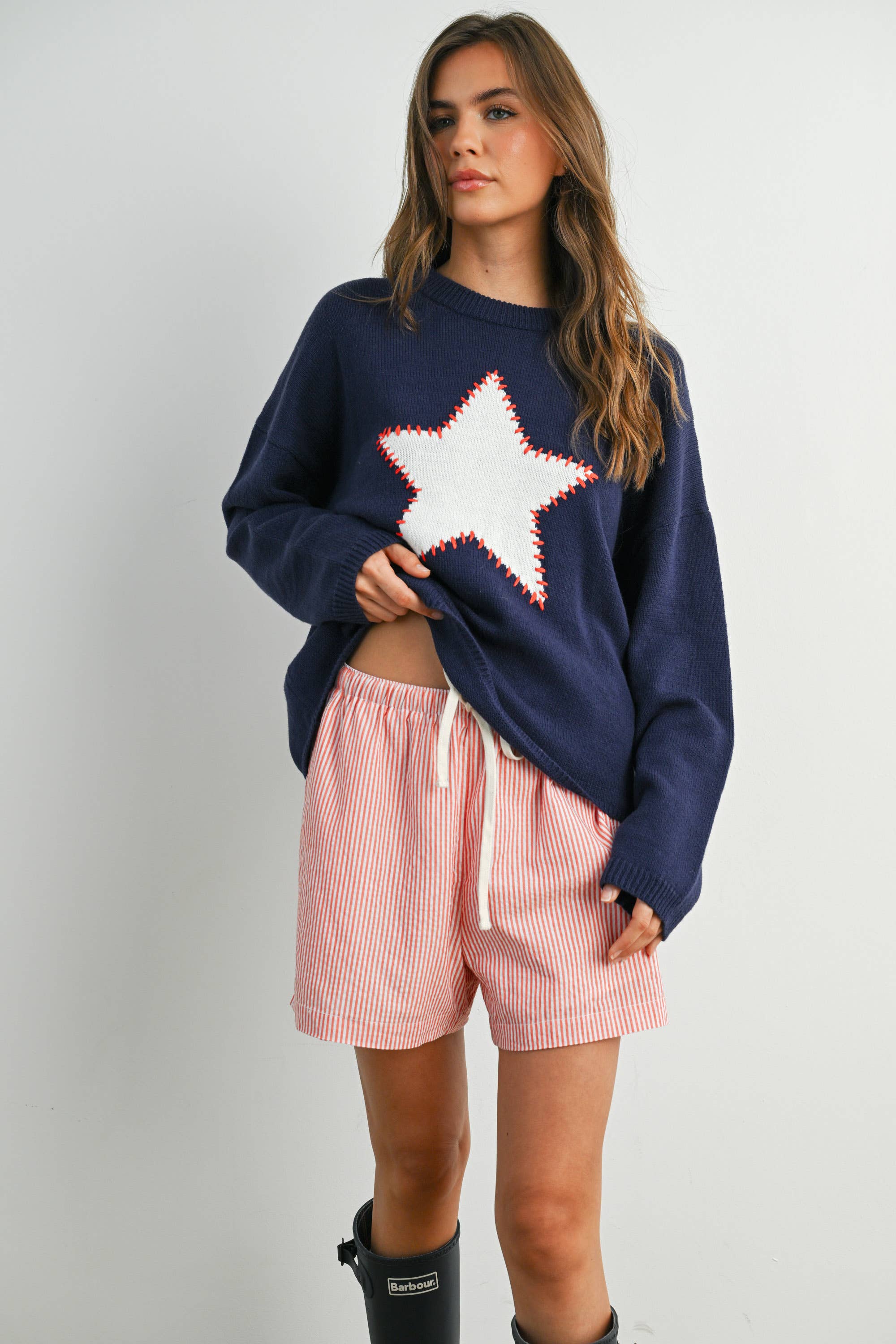 Navy Drop Shoulder Star Pattern Sweater