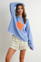 Blue Drop Shoulder Star Pattern Sweater