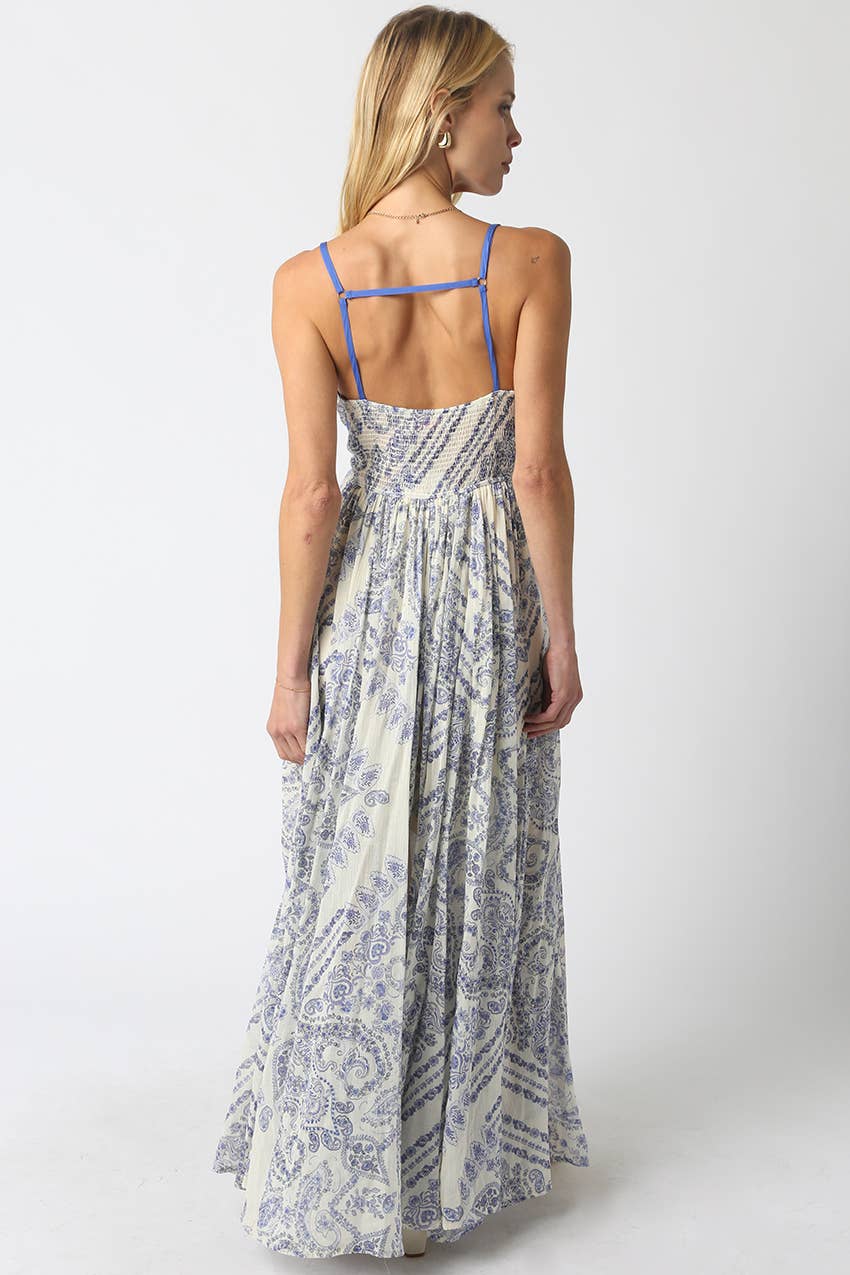 Blue Trim Printed Maxi Dress
