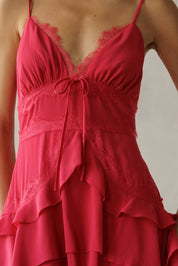 Pink Lace Trim Tiered Midi Dress