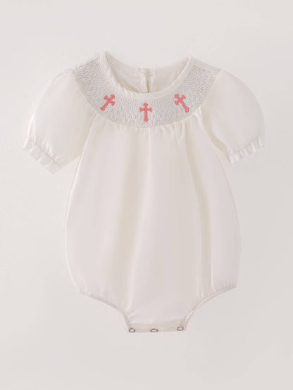 White Smocking Embroidered Crucifix Girls