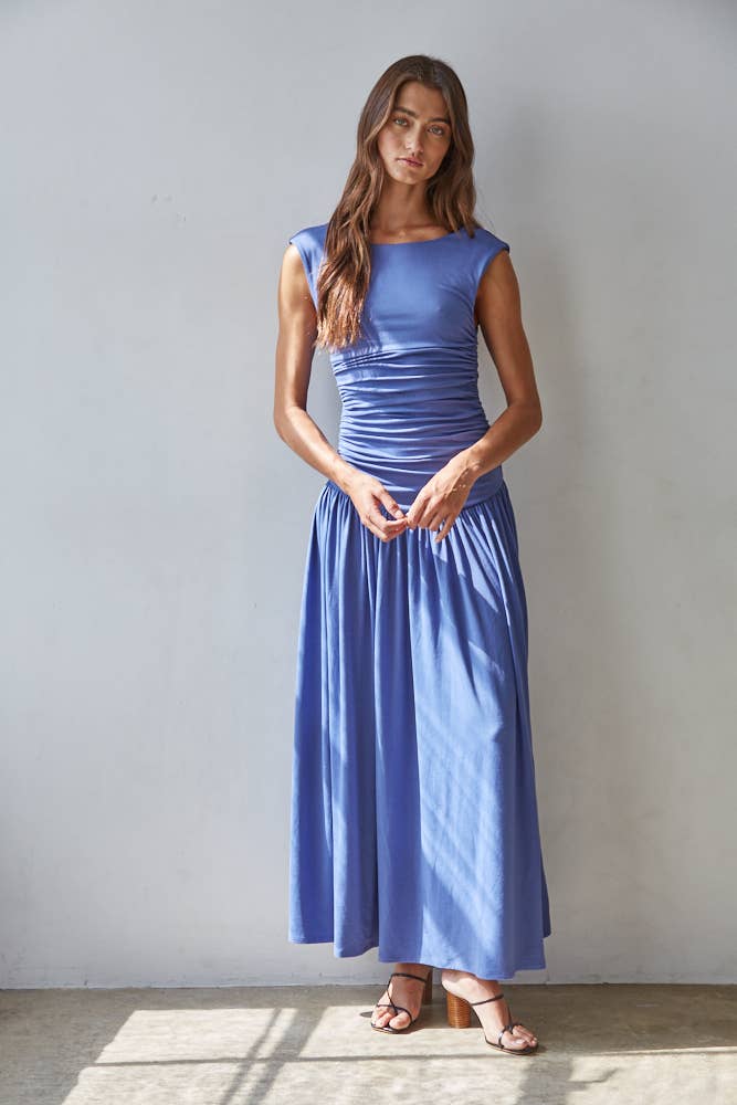 Blue Ruched Side Sleeveless Dress