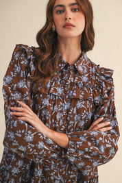 Brown Ruffle Trim Button Down Mini Dress