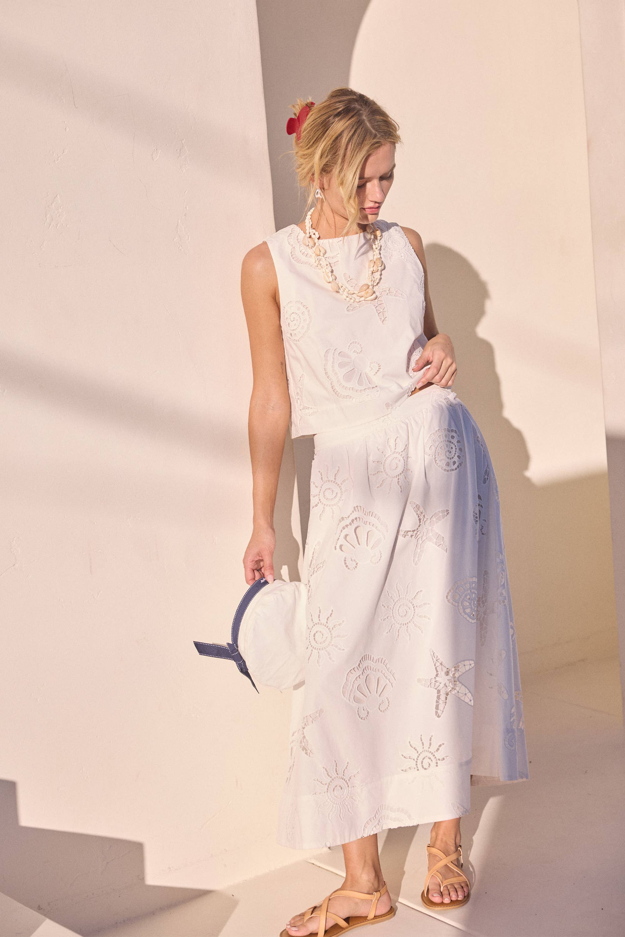 White Coastal Eyelet Lace Skirt Set