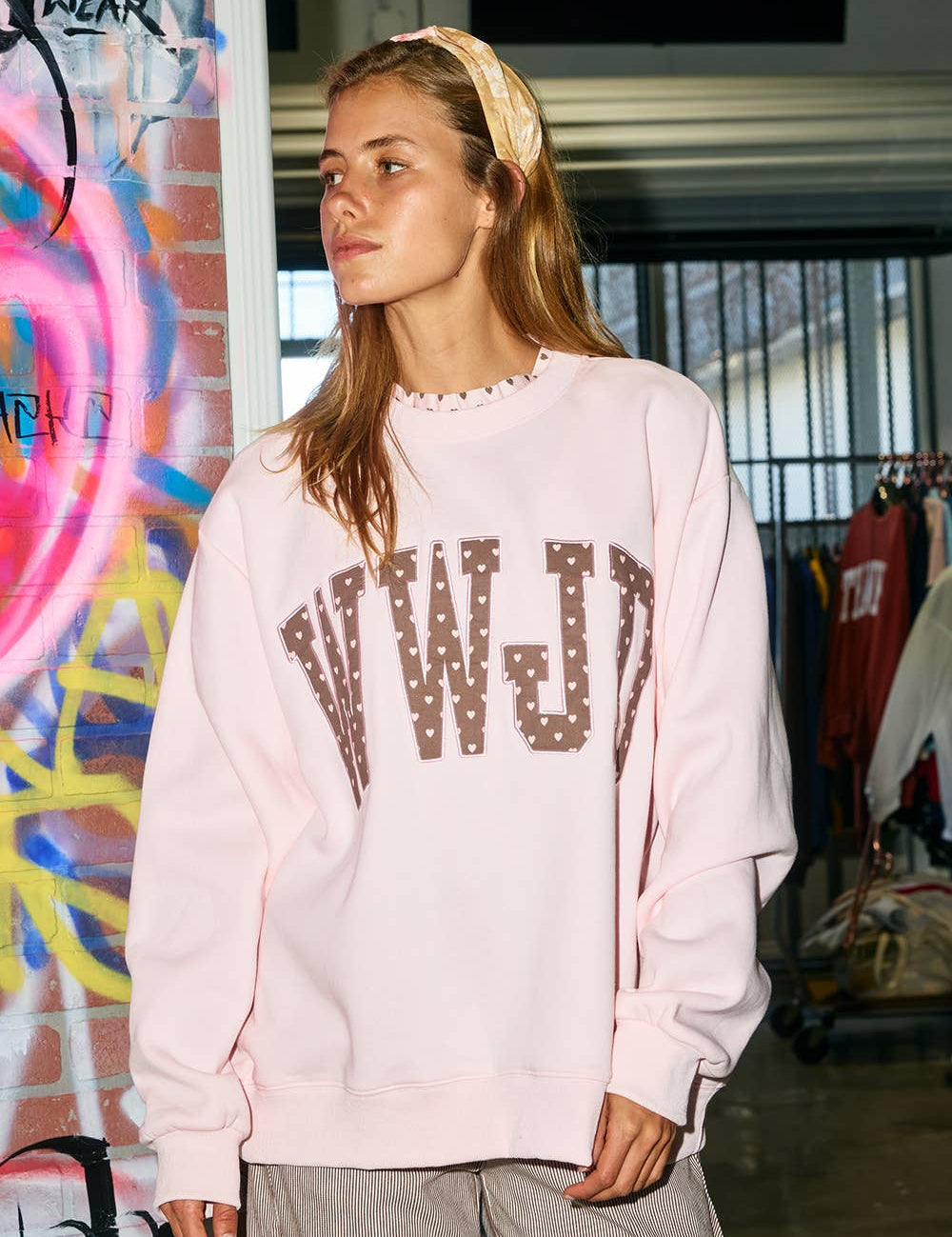 WWJD Heart Printed Mockneck showing ribbed crewneck with ruffle trim