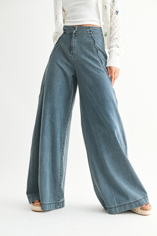 Scallop Wide Leg Denim Pants
