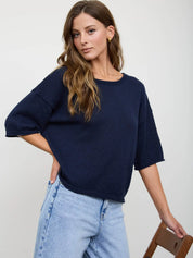Navy Boxy Knit Sweater — short sleeve and raw edge