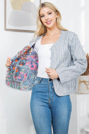 Gray Floral Print Quilted Patch Jacket