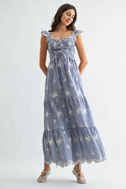 Blue Embroidered Striped Maxi Dress