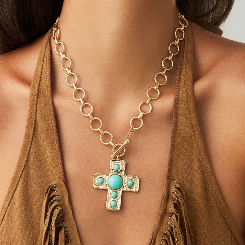 Notable Hammered Turquoise Cross Necklace