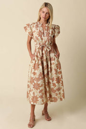Beige Puff Sleeve Floral Midi Dress