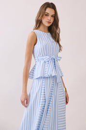 Blue Striped Tie Waist Peplum Top