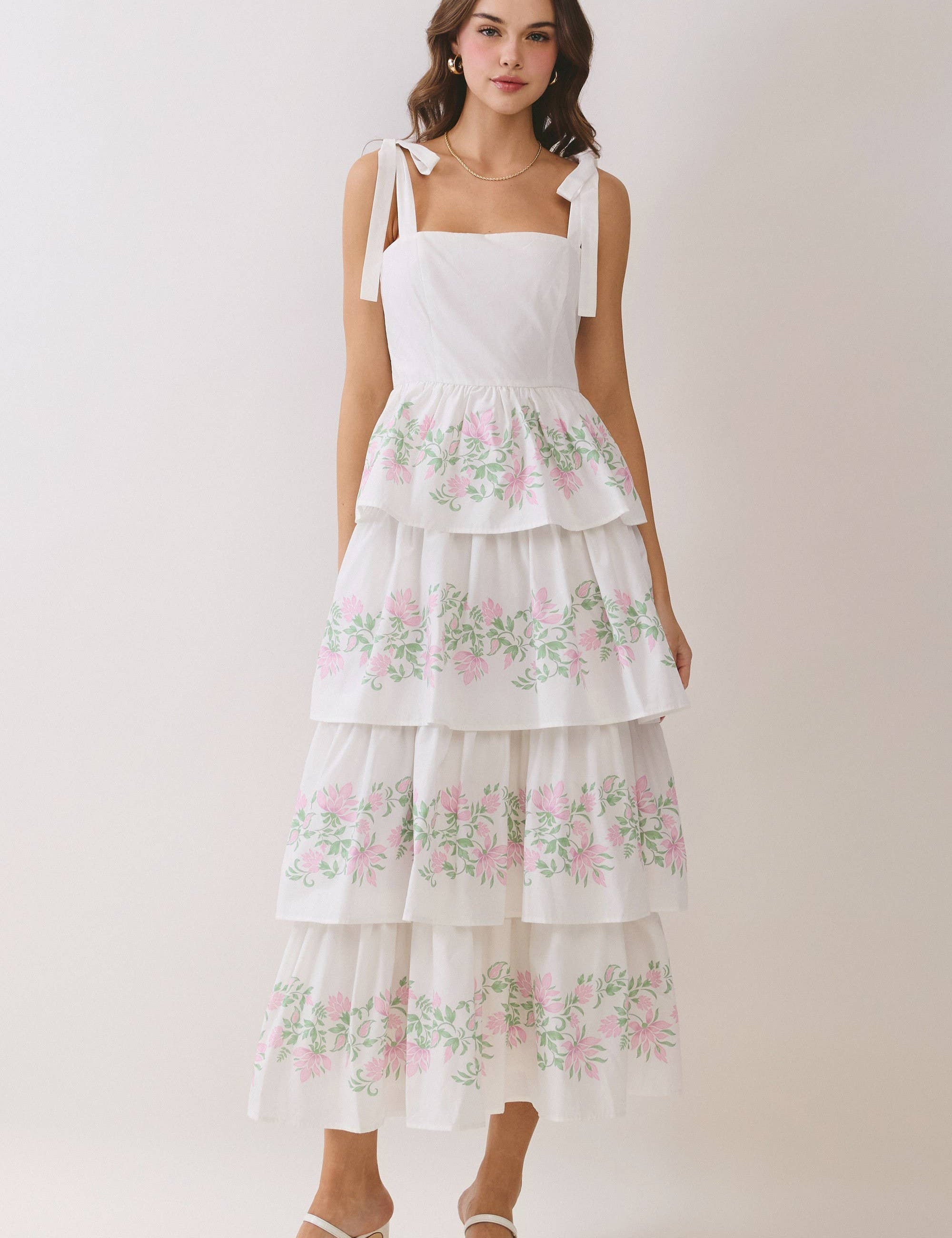 White Floral Ribbon Tiered Maxi Dress
