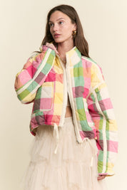 Pink Multi-color Plaid Puffer Jacket