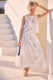White Coastal Eyelet Lace Skirt Set