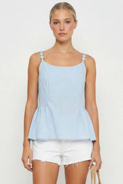 Blue Button Detail Ruffle Tank Top