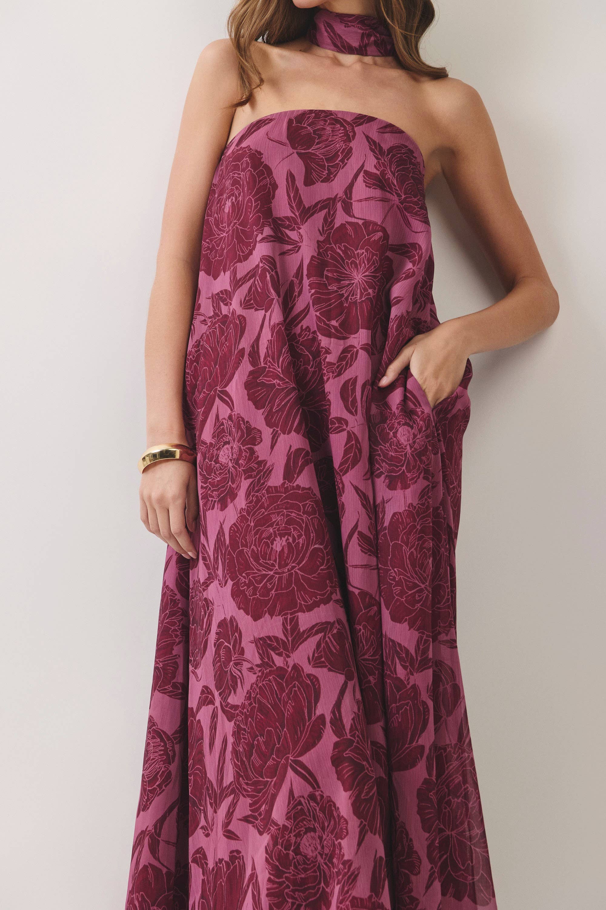 Purple Floral Print Scarf Maxi Dress
