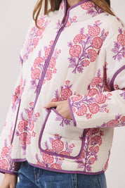 Floral Print Quilted Jacket showing front zip closure