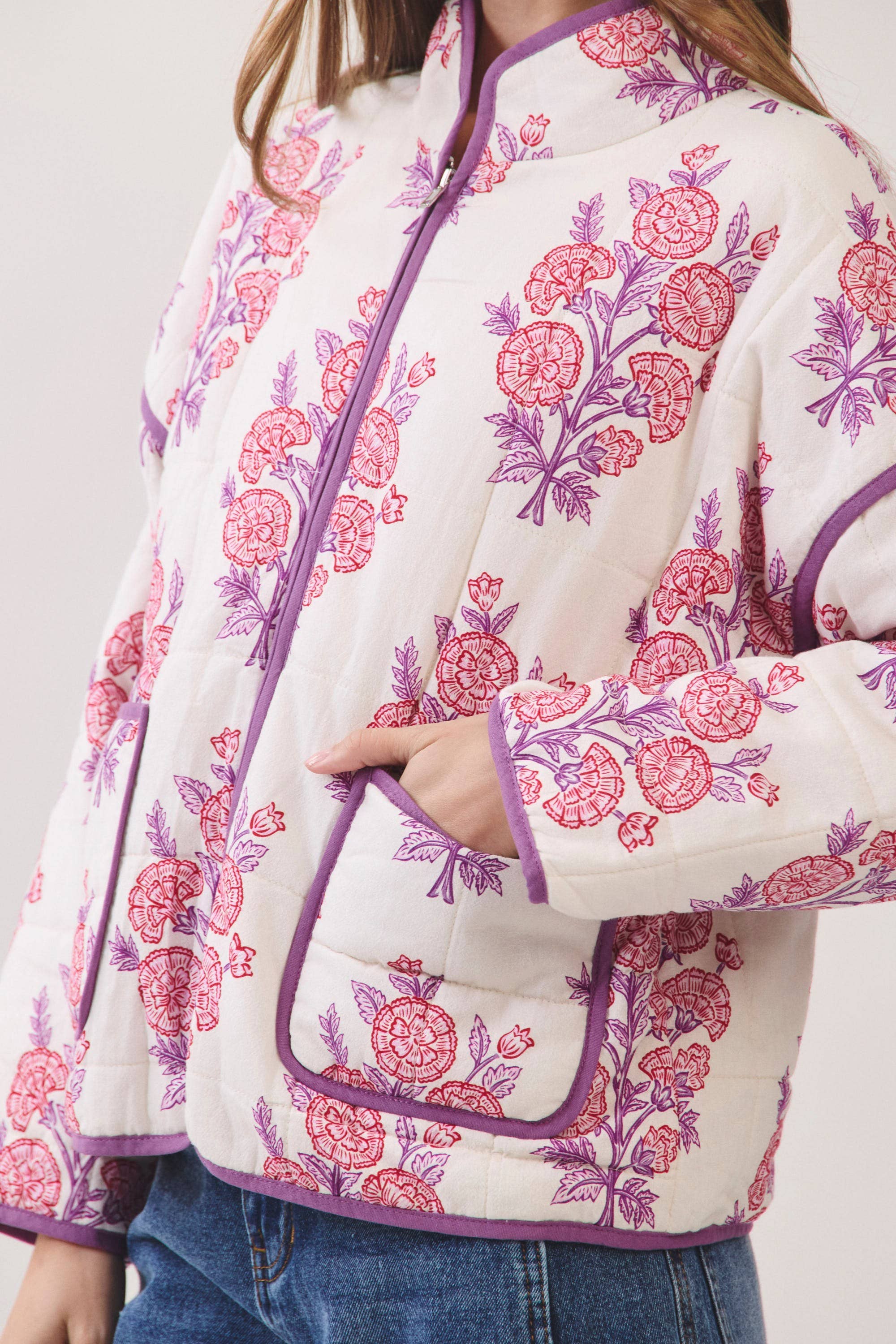 Floral Print Quilted Jacket showing front zip closure