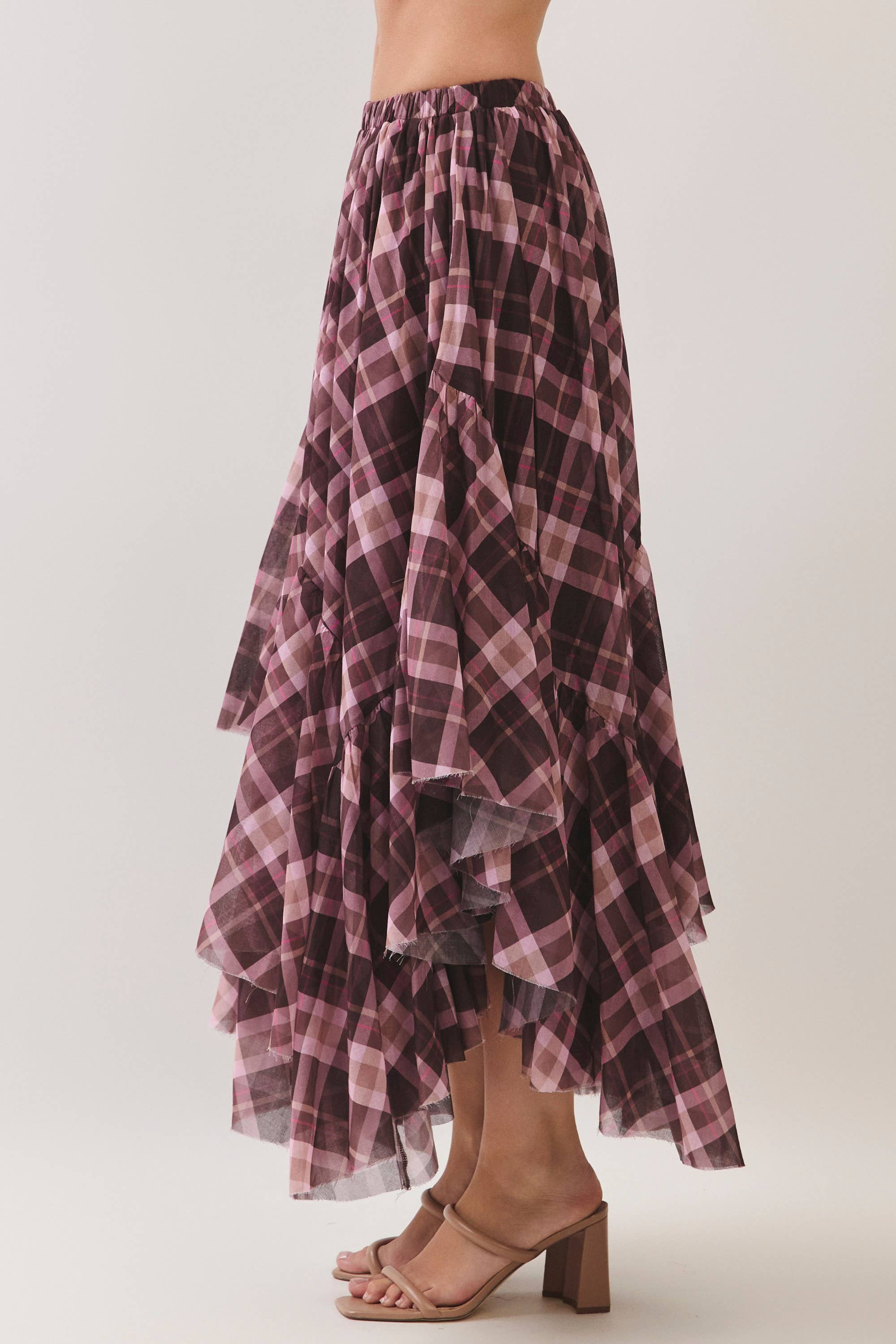Brown Plaid Asymmetrical Tiered Skirt